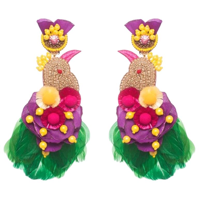Toucanet Crystal and Coque Feather Earring For Sale