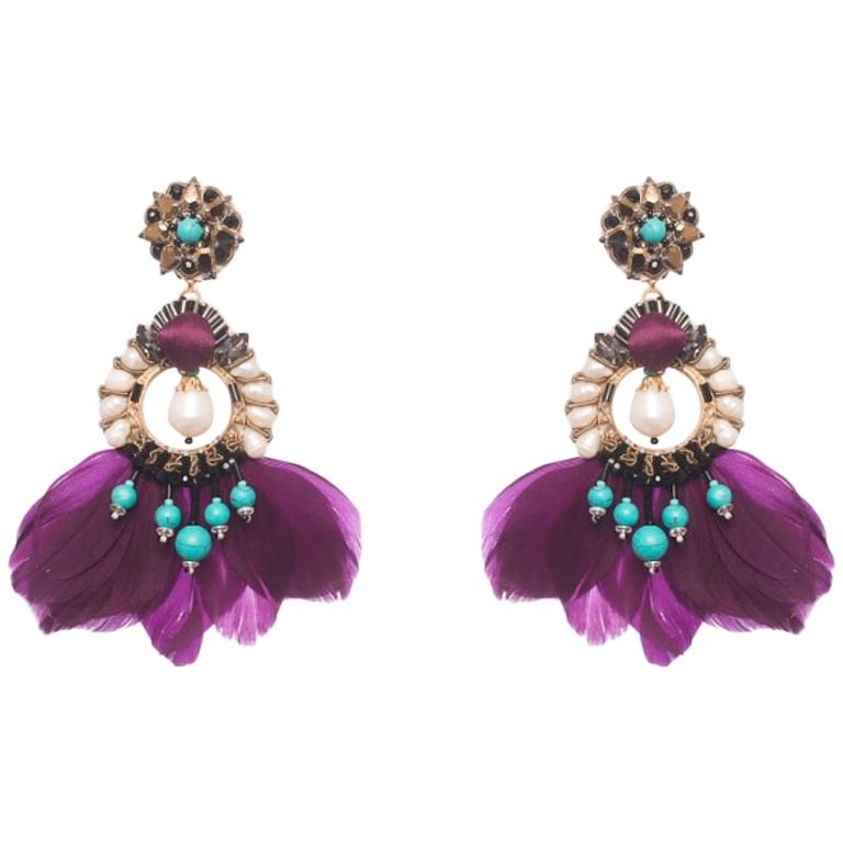 Purple Feather and Turquoise Drop Earrings by Ranjana Khan  For Sale
