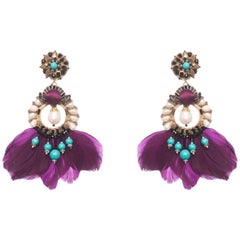 Purple Feather and Turquoise Drop Earrings by Ranjana Khan 