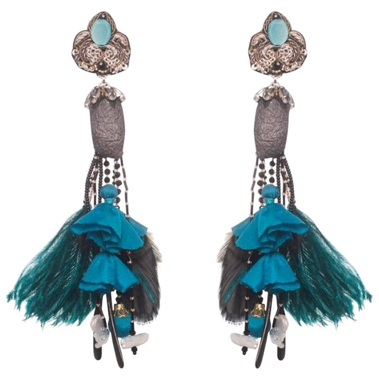 Acari Silkworm Cocoon and Ostrich Feather Earring For Sale