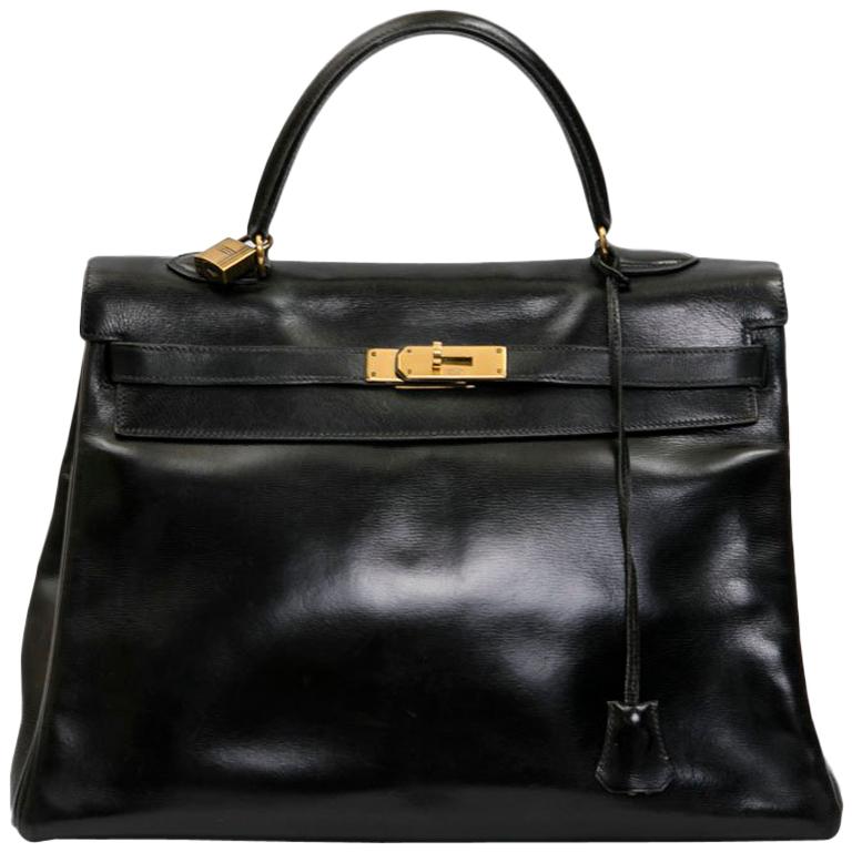 HERMES Vintage Kelly 35 Bag in Black Box Leather