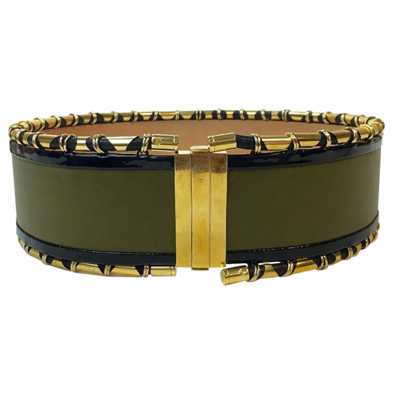 BALMAIN High Waist Belt in Khaki Leather and Golden Metal Tubes Size 40