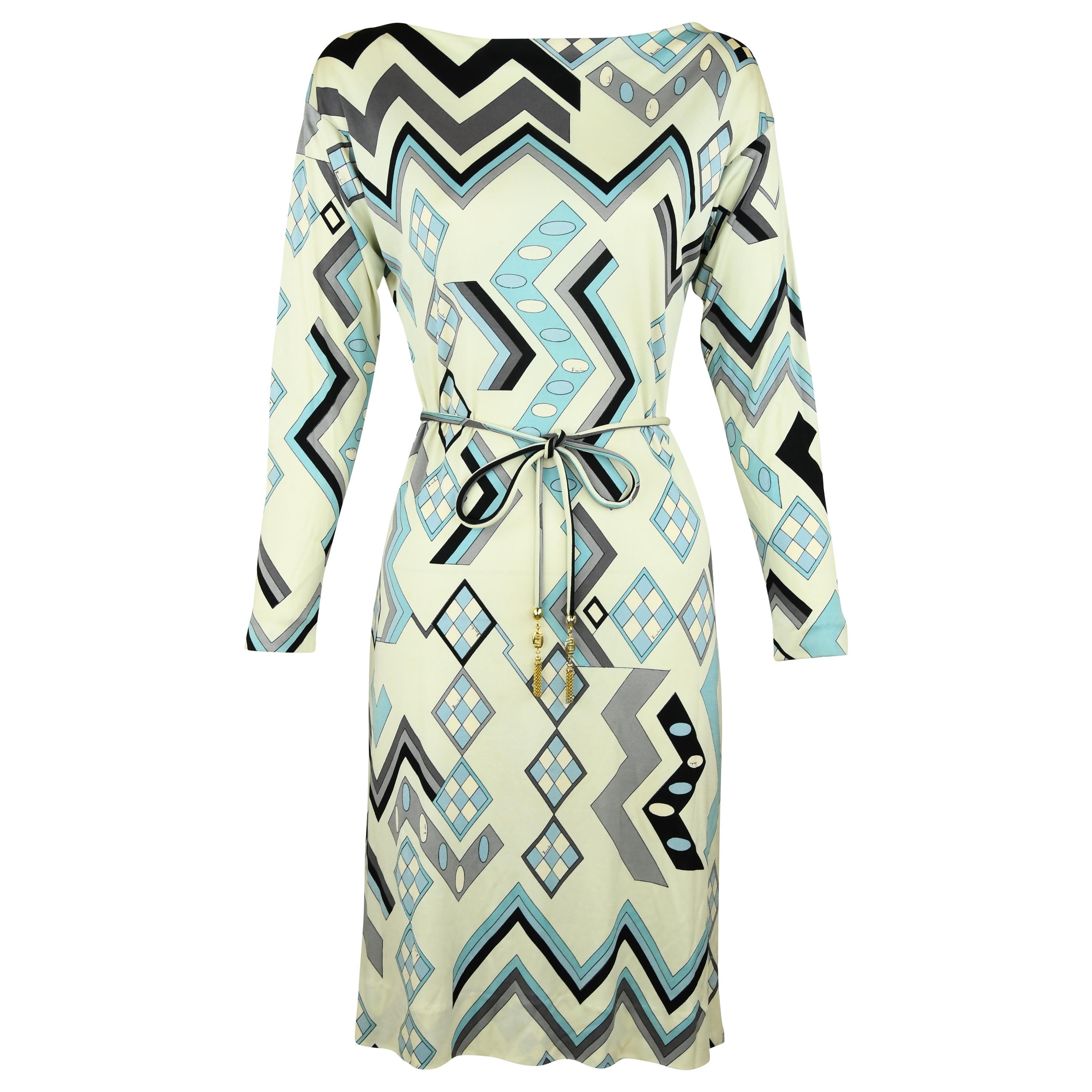 Vintage Pucci Off White, Blue & Gray Silk Jersey Dress - Size 2/4 For Sale