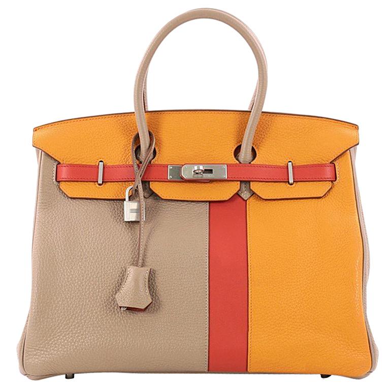 Hermes Birkin Handbag Tricolor Clemence & Swift w/ Brushed Palladium Hardware 35