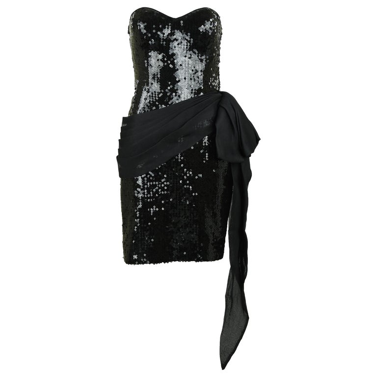 Vintage Ungaro Black Sequin Dress with Silk Gazar Bow - Size XS For ...