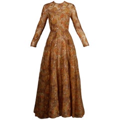 Victoria Royal Vintage Nude Organza Paisley Print Sequin Maxi Dress Gown, 1970s