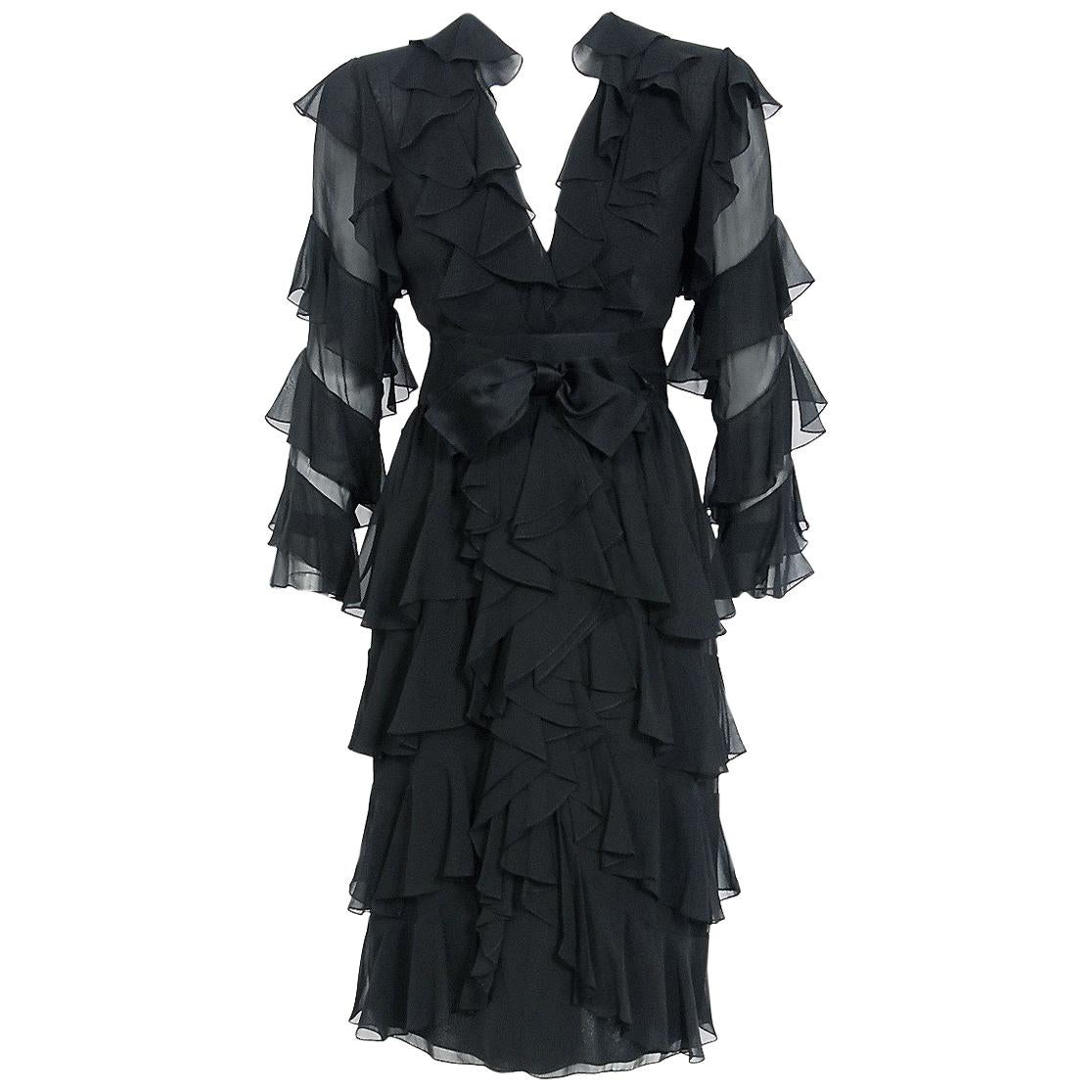 1973 Bill Blass Couture Black Tiered Ruffle Silk-Chiffon Plunge Cocktail Dress