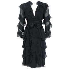 Vintage 1973 Bill Blass Couture Black Tiered Ruffle Silk-Chiffon Plunge Cocktail Dress
