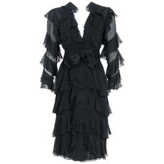 1973 Bill Blass Couture Black Tiered Ruffle Silk-Chiffon Plunge Cocktail Dress 1973 Bill Blass Couture Black Tiered Ruffle Silk-Chiffon Plunge Cocktail Dress