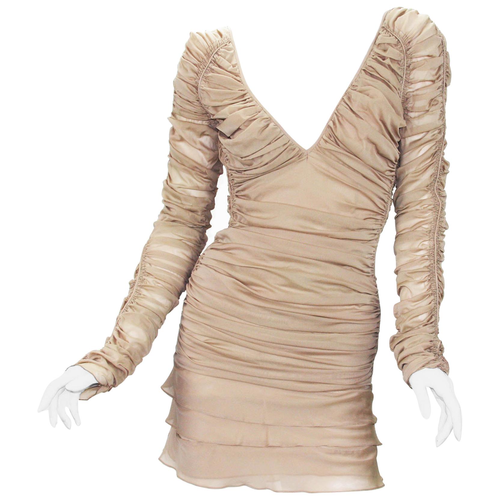 New Tom Ford for Gucci S/S 2003 Sexy Mini Nude Silk Stretch Open Back Dress 38
