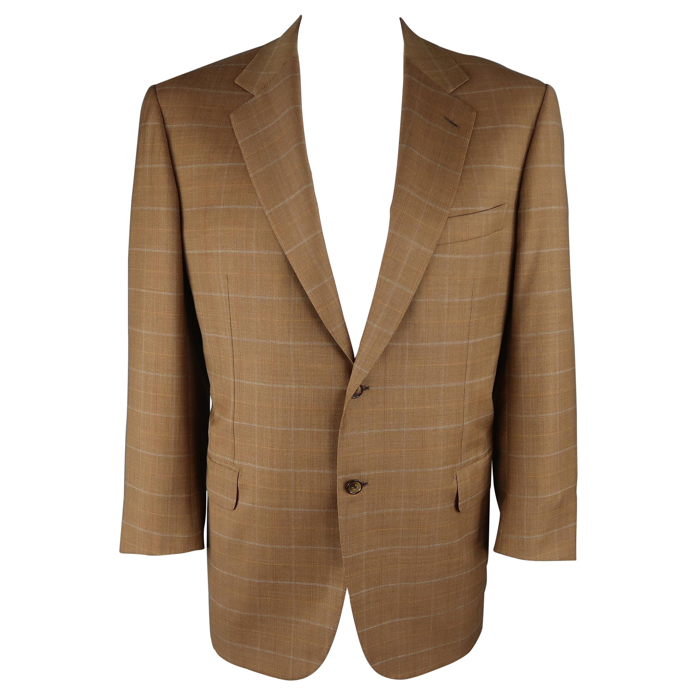 BRIONI 44 Golden Tan Window Pane Wool Two Button Sport Coat / Blazer / Jacket