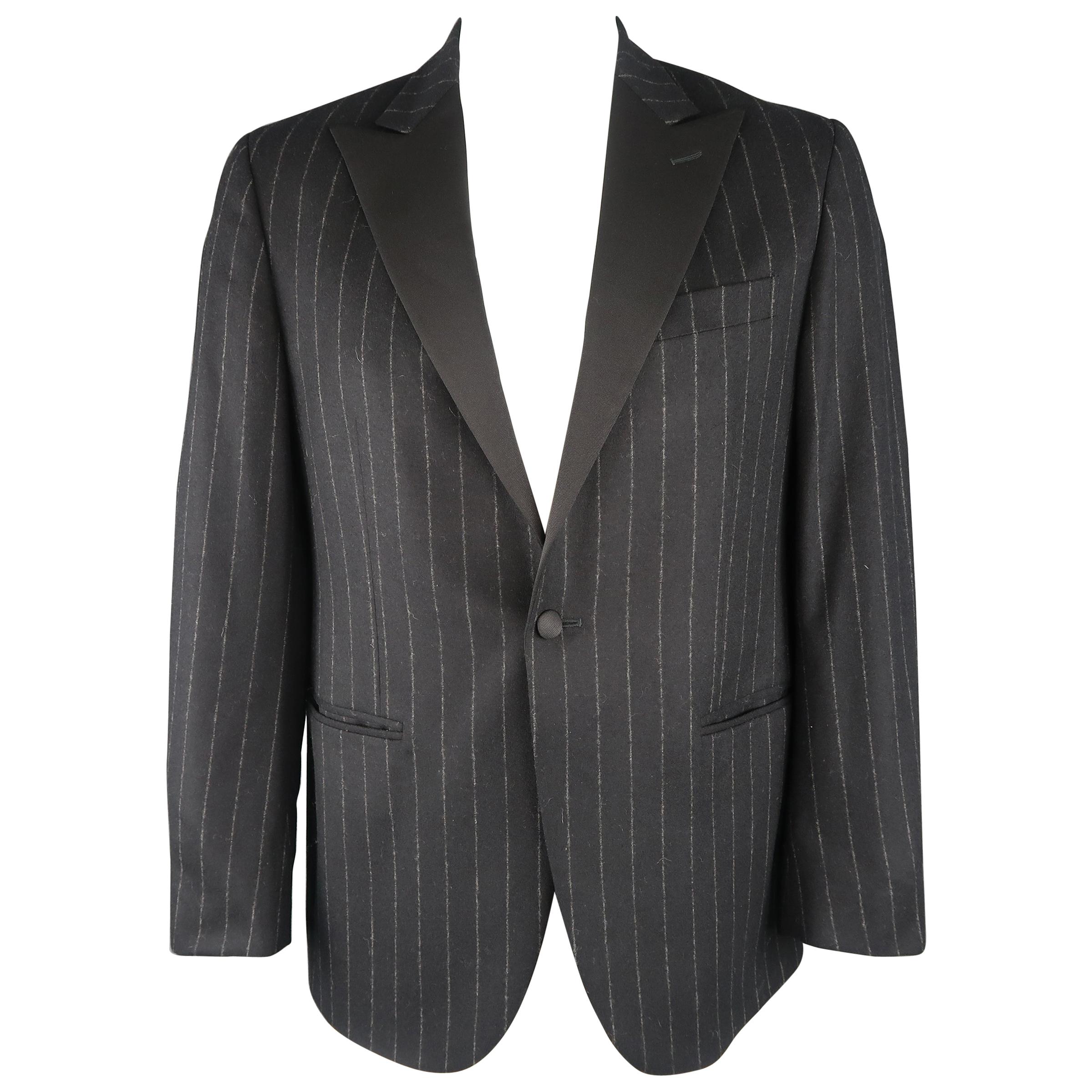 RALPH LAUREN 42 Black Stripe Wool / Cashmere Tuxedo Lapel Sport Coat / Jacket