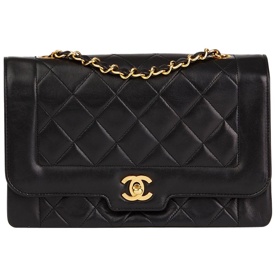 1990s Chanel Black Quilted Lambskin Vintage Medium Classic Diana Flap Bag