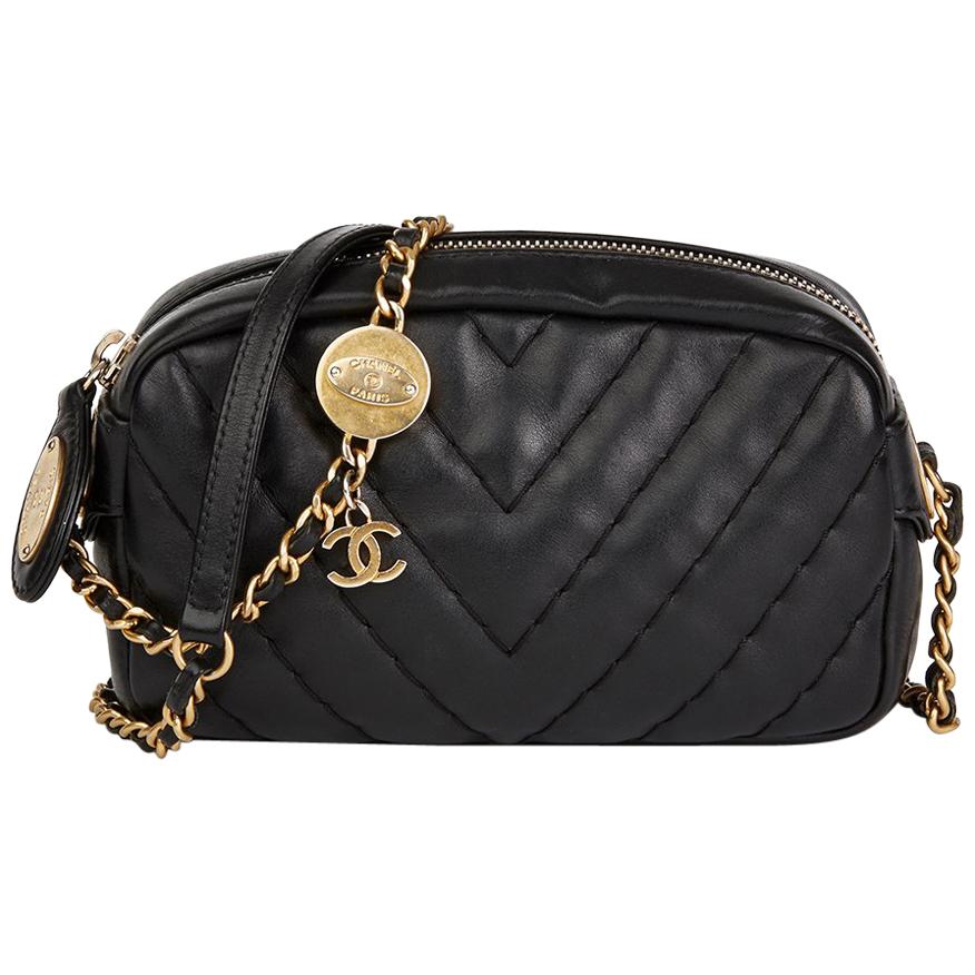 2010s Chanel Black Chevron Quilted Calfskin Leather Mini Medallion Charm Camera 