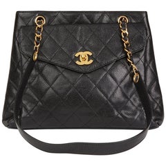 1990s Chanel Black Quilted Caviar Leather Vintage Classic Shoulder Bag