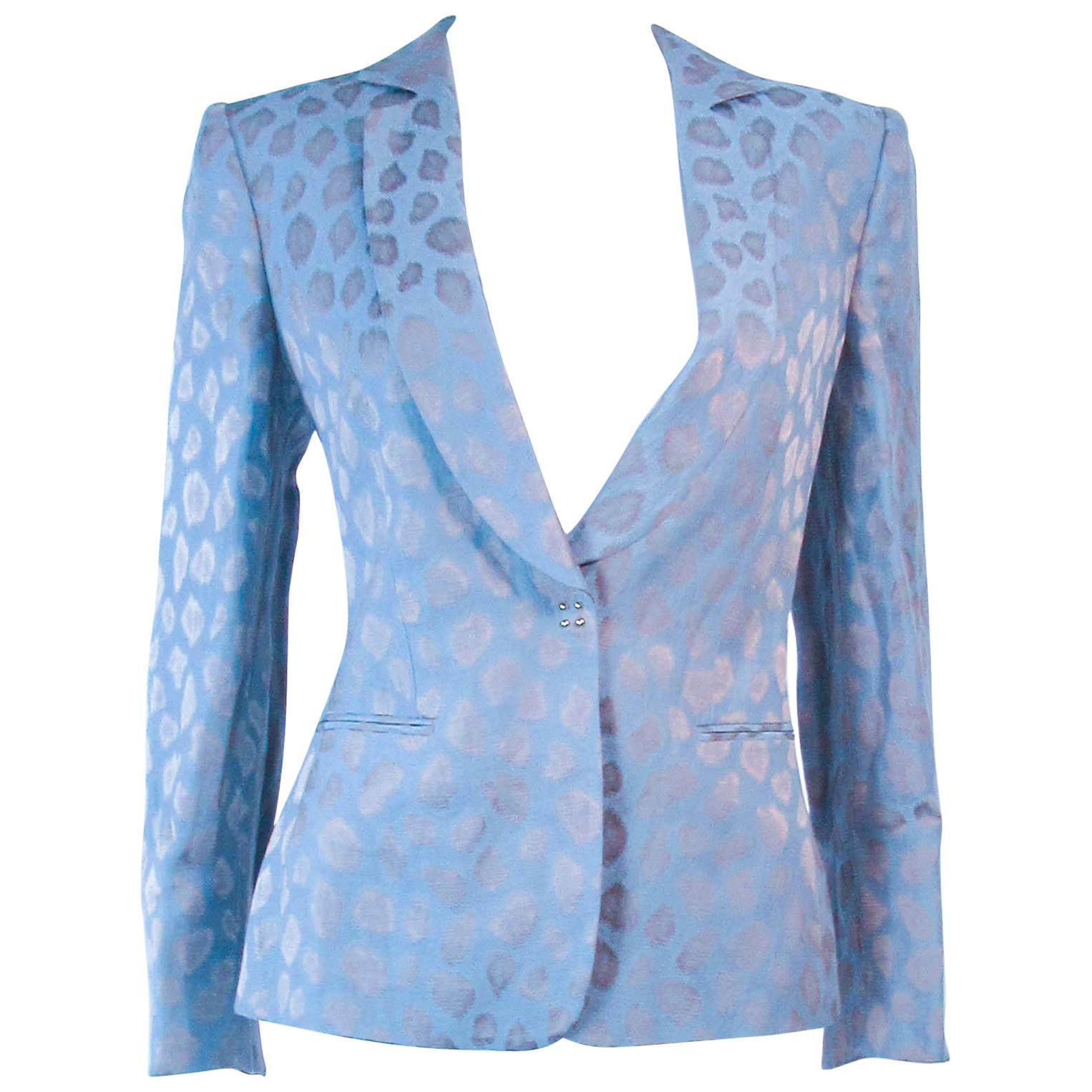GIORGIO ARMANI Blue Animal Pattern Silk Jacket with Gold Studs Size 42 