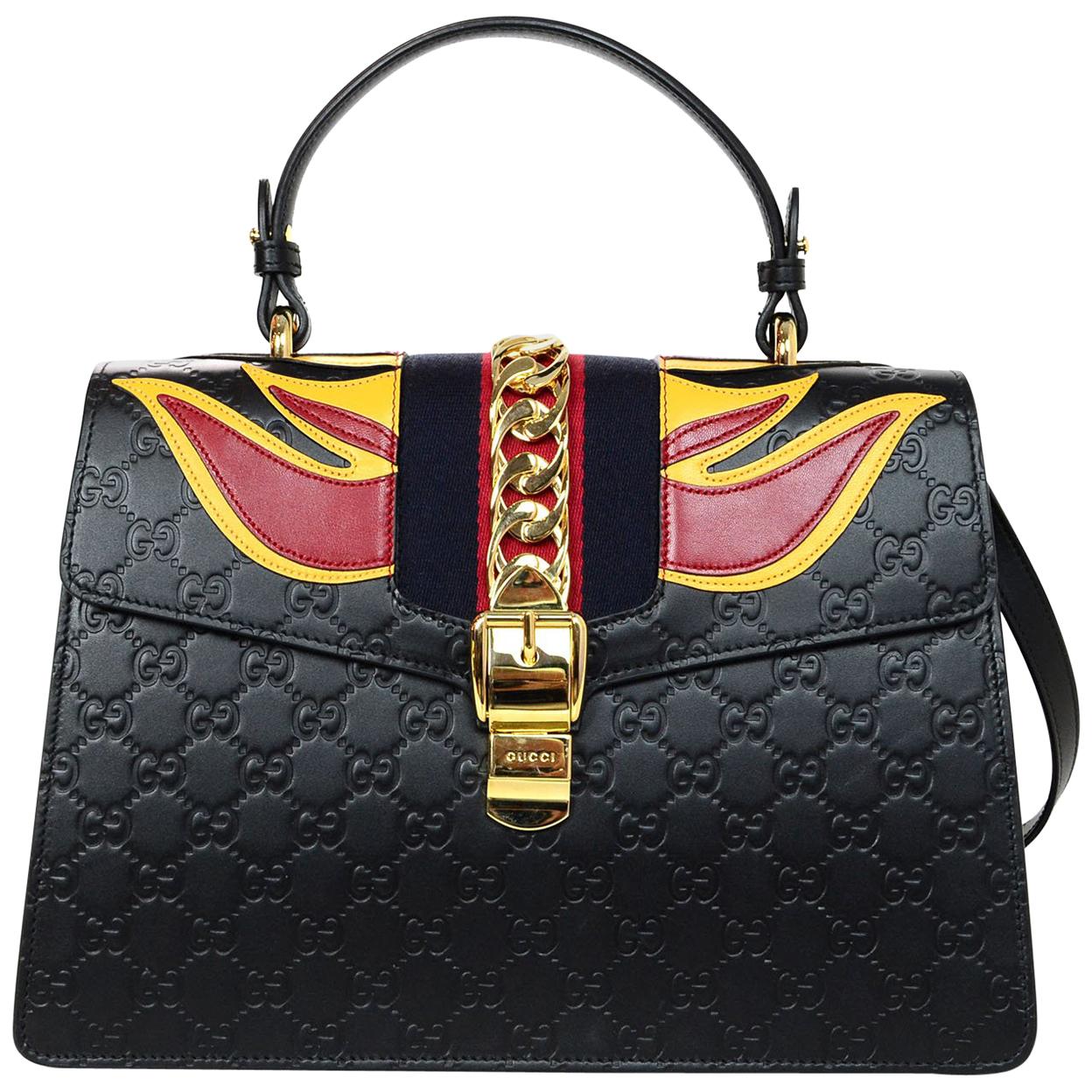 Gucci Black Leather Monogram Guccissima Medium Sylvie Flame Bag 