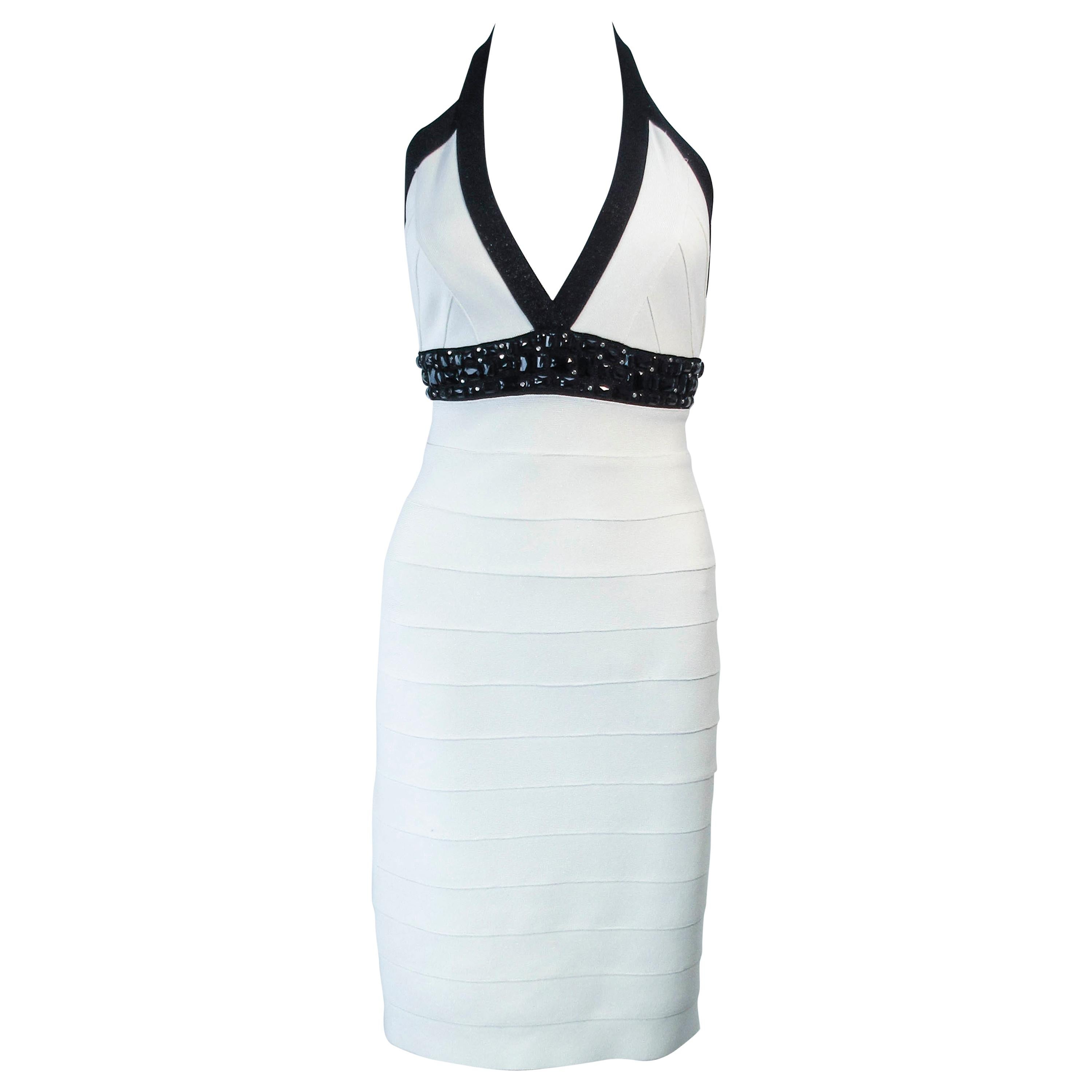 Herve Leger Black and White Metallic Body-con Bandage Dress with Beaded Accents