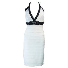 Vintage Herve Leger Black and White Metallic Body-con Bandage Dress with Beaded Accents