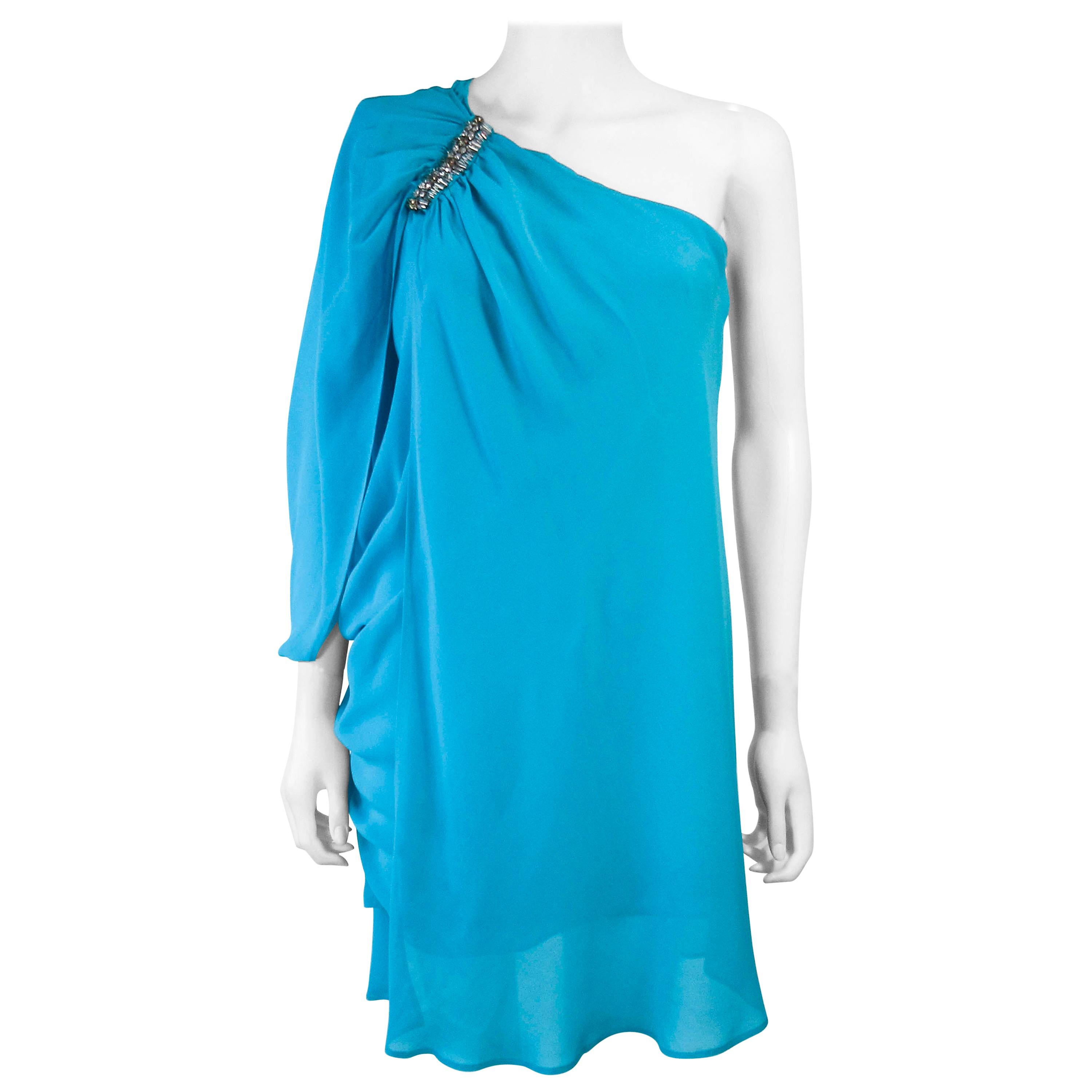 ROBERTO CAVALLI Aqua Silk Chiffon One Shoulder Draped Cocktail Dress Size 40 For Sale