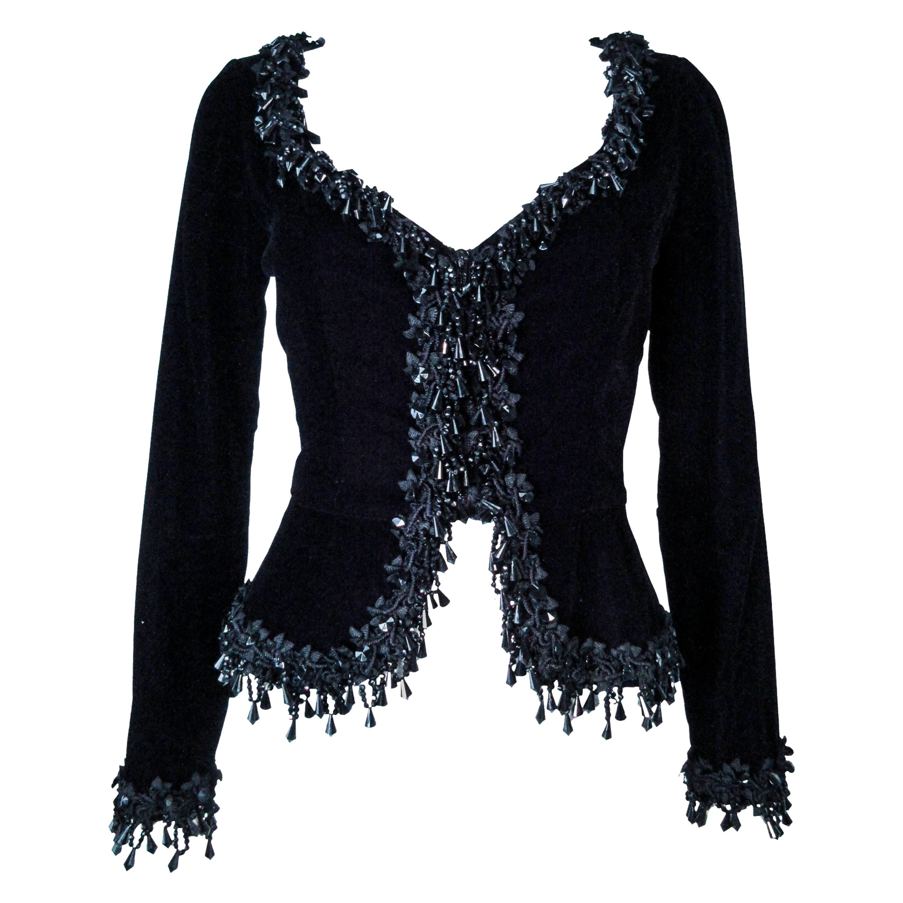 VICTOR COSTA Black Velvet Beaded Evening Jacket Size 4 6 For Sale