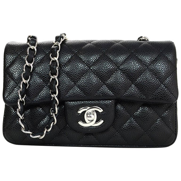 Chanel 2018 Black Quilted Caviar Rectangular Mini Flap Crossbody Bag w.  Receipt