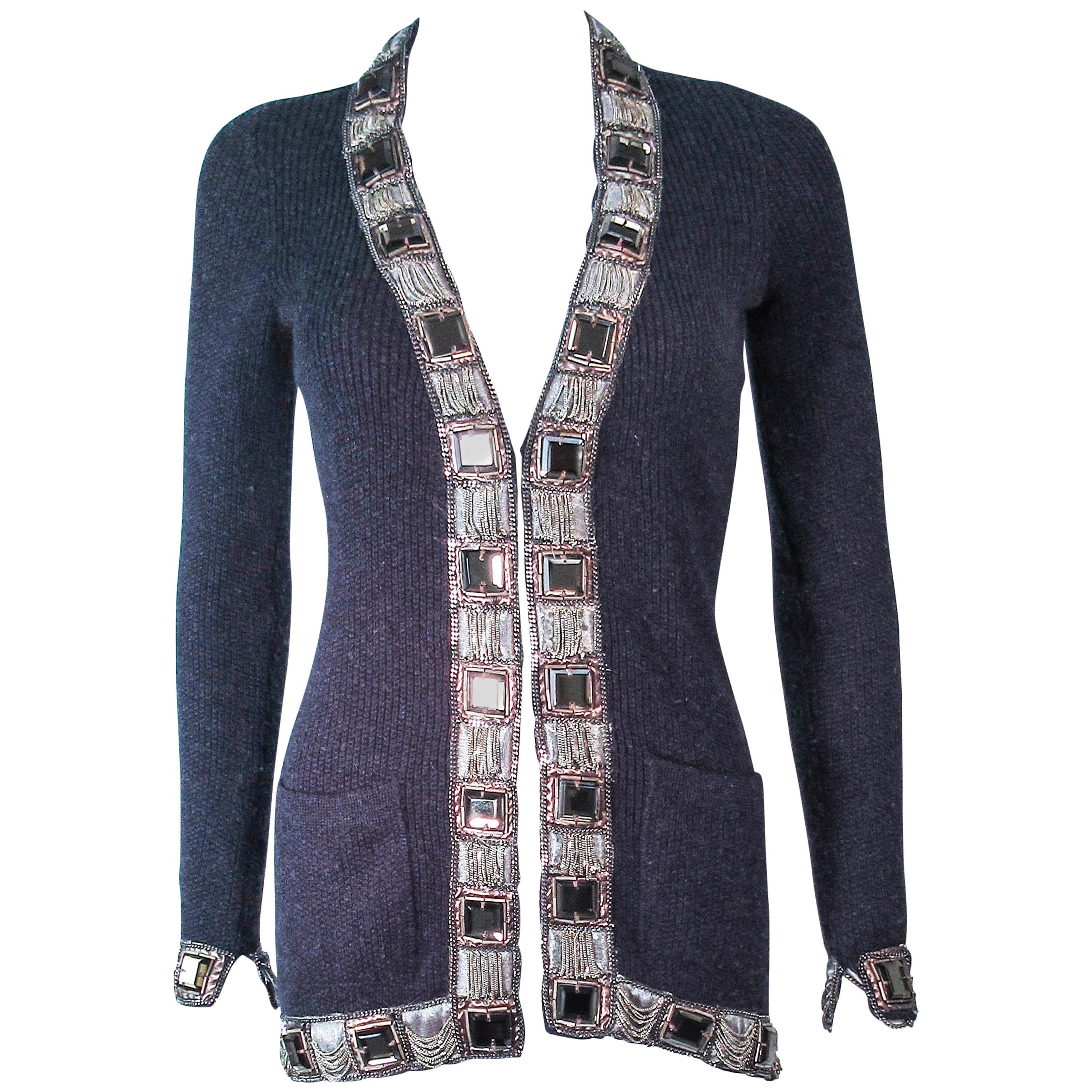 OSCAR DE LA RENTA Grey Embellished Cashmere Cardigan Size XS  For Sale