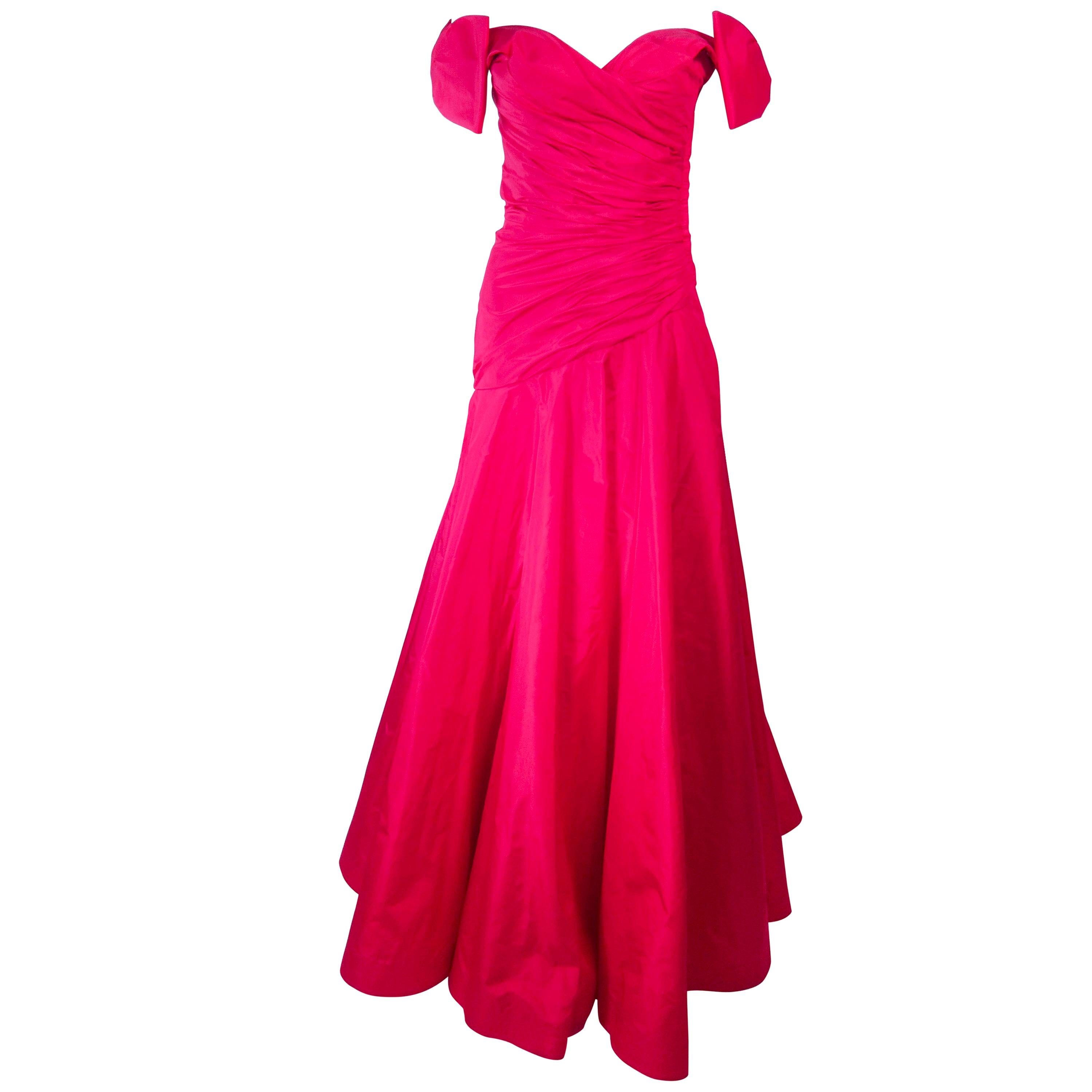 Murray Arbeid Red Ruched Taffeta Gown with Bow Details 
