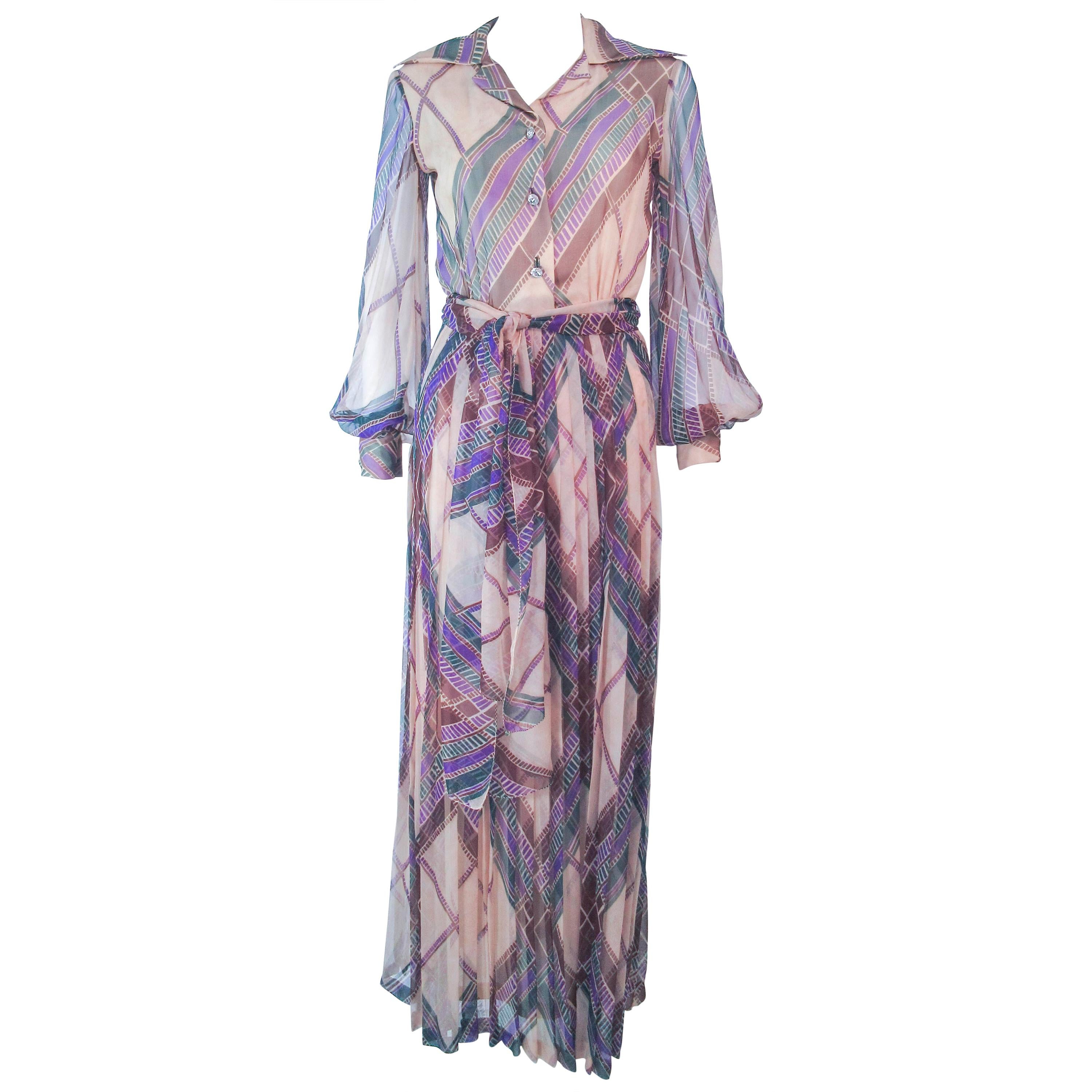 Valentino Vintage Silk Chiffon Abstract Long Sleeve Maxi Dress, 1970s For Sale