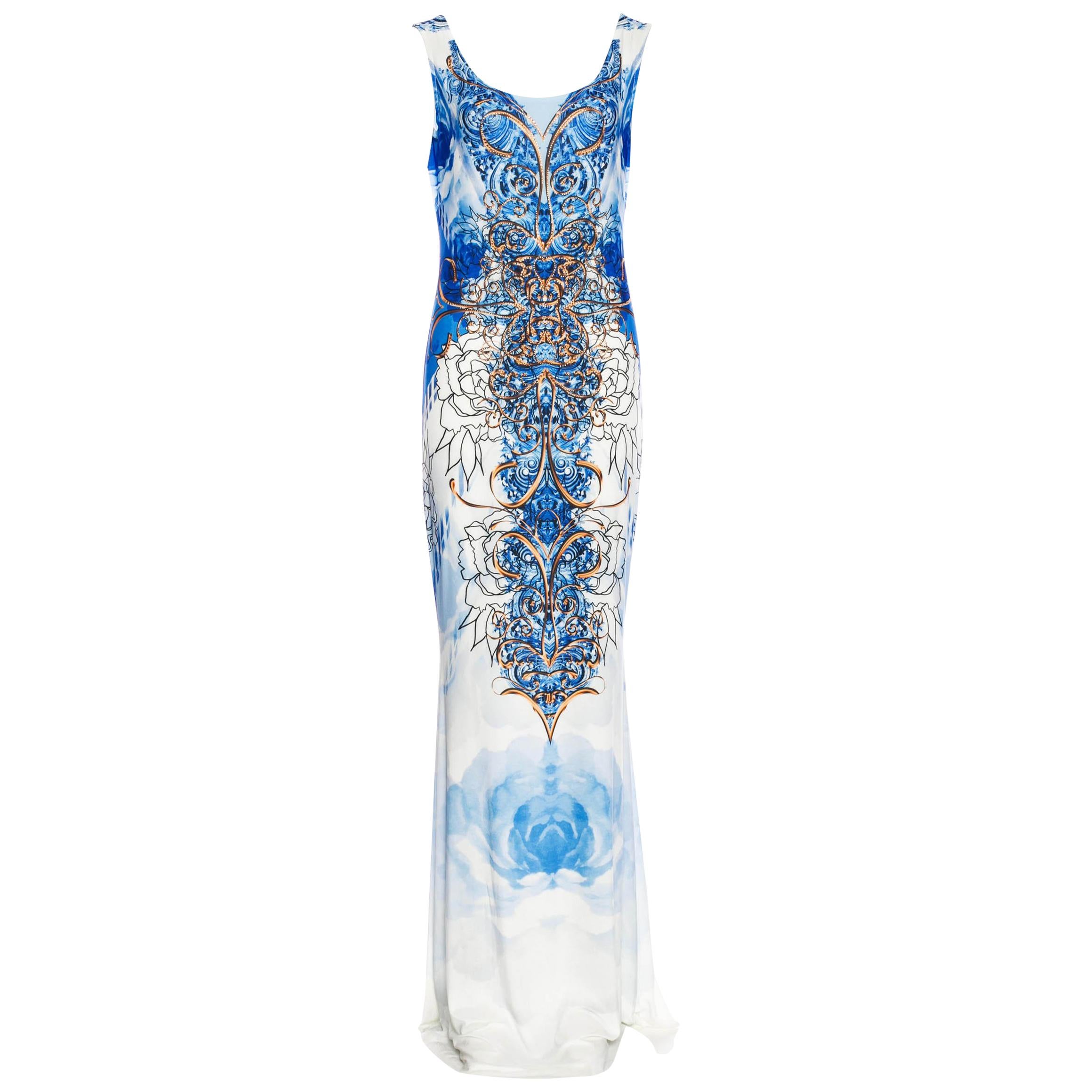 New Roberto Cavalli Jersey Stretch Blue White Micro-Beaded Long Dress 40 - 4/6