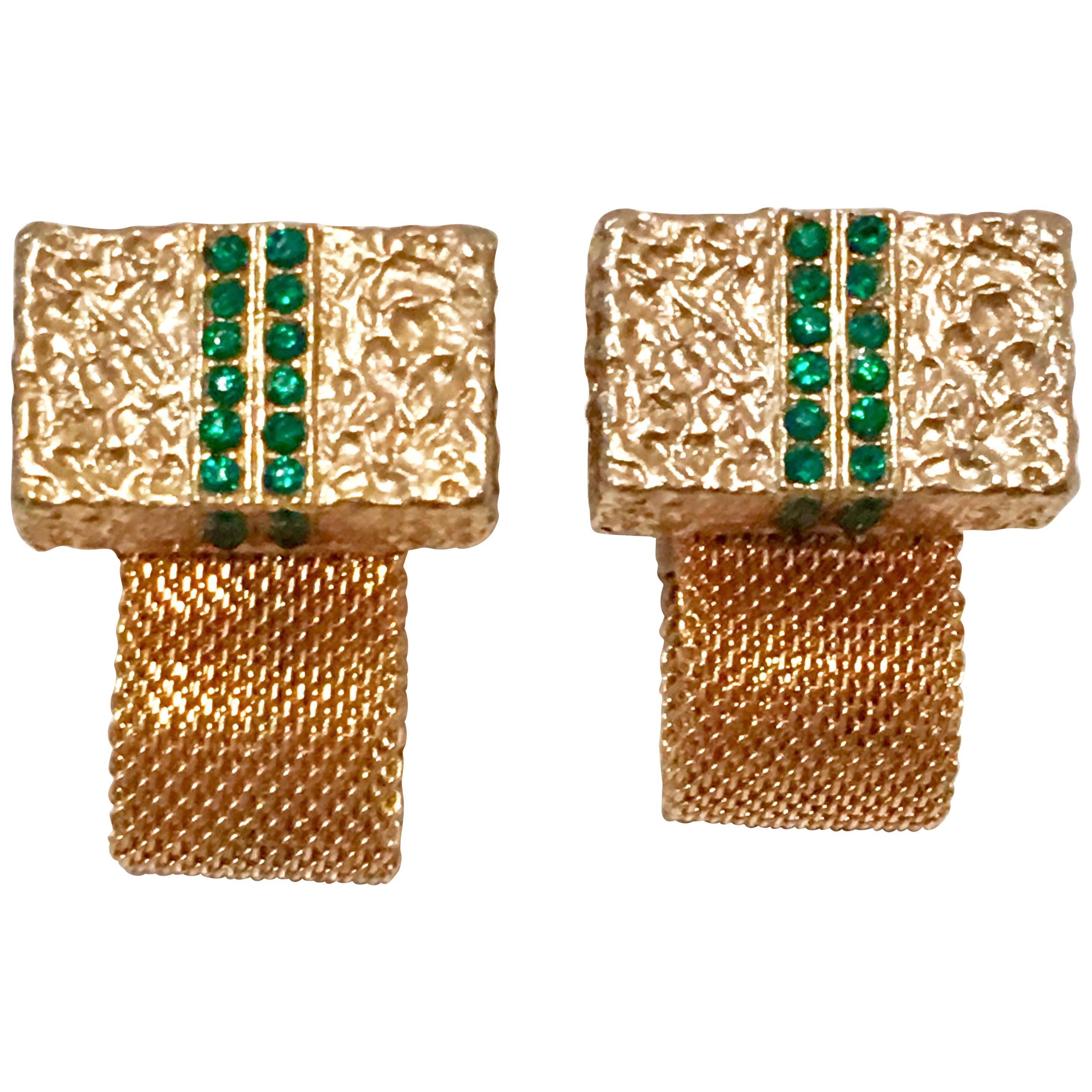 20th Century Gold Mesh & Emerald Crystal Rhinestone Cufflinks For Sale