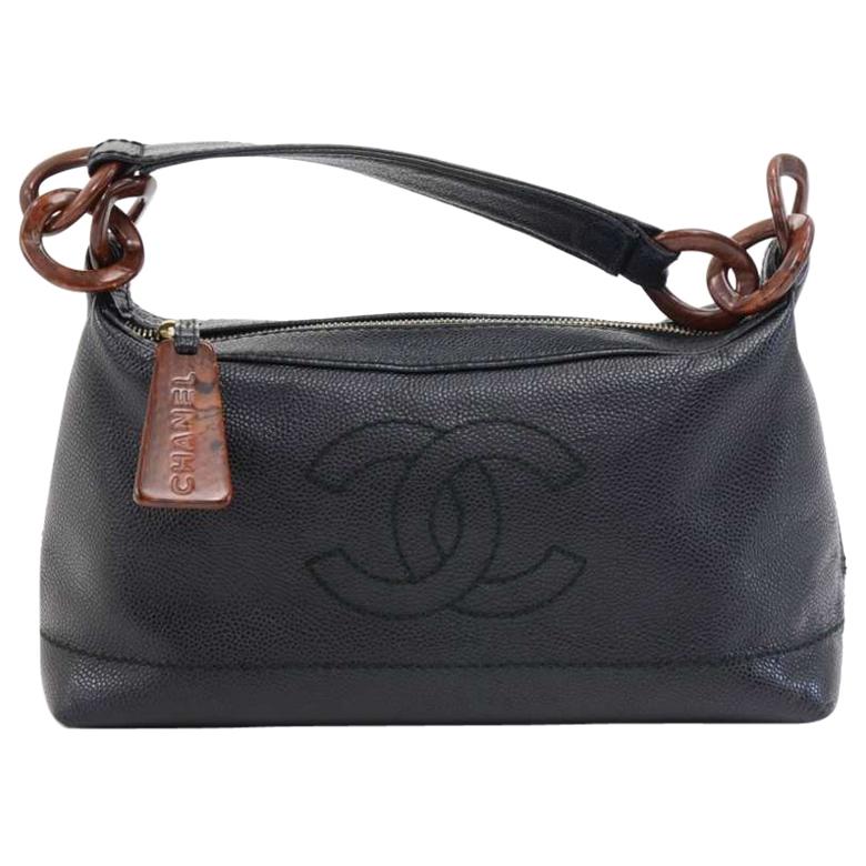 Chanel Black Caviar leather Wood-style Chain Shoulder Bag For Sale