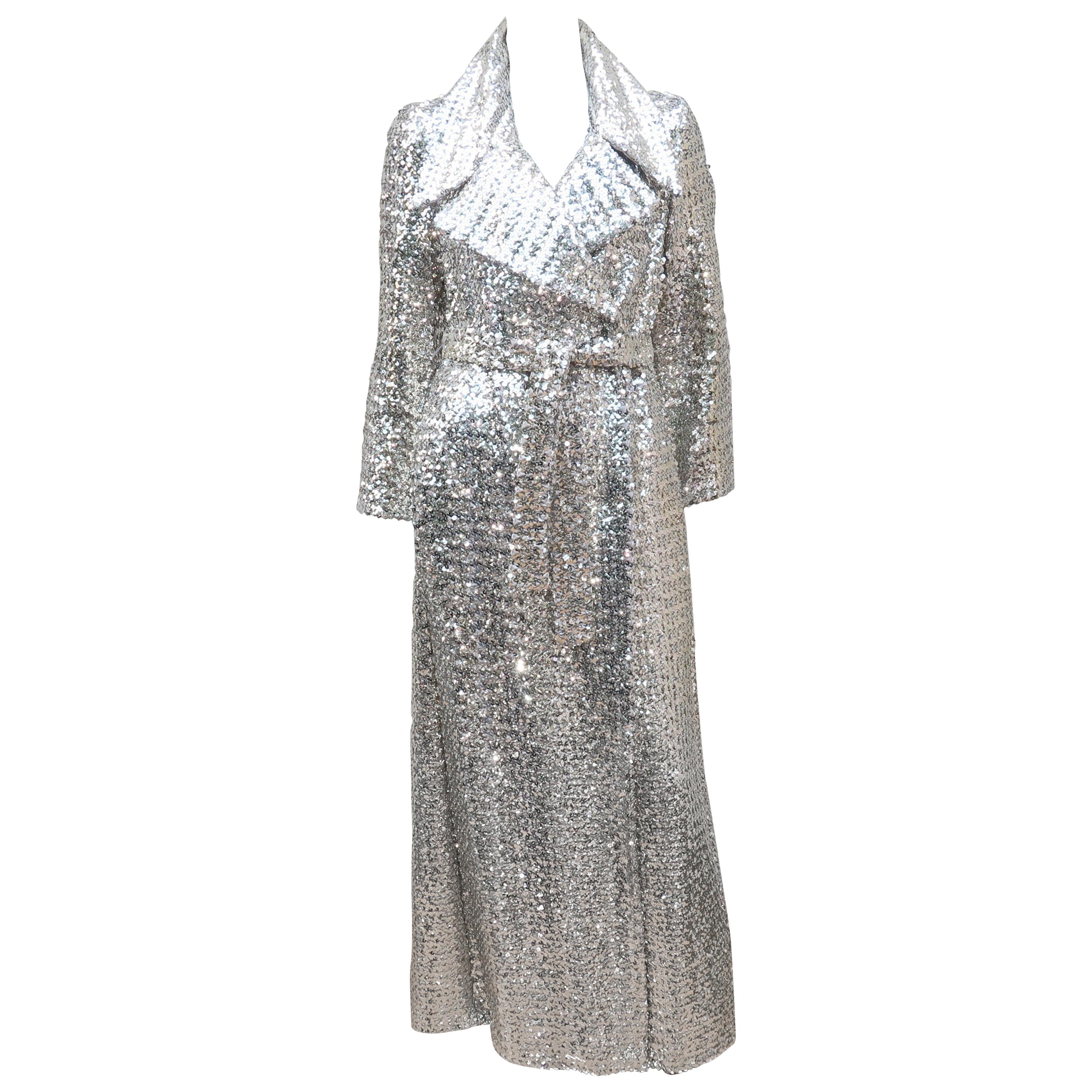 1970's Silver Sequin Full Length Maxi Trench Style Coat