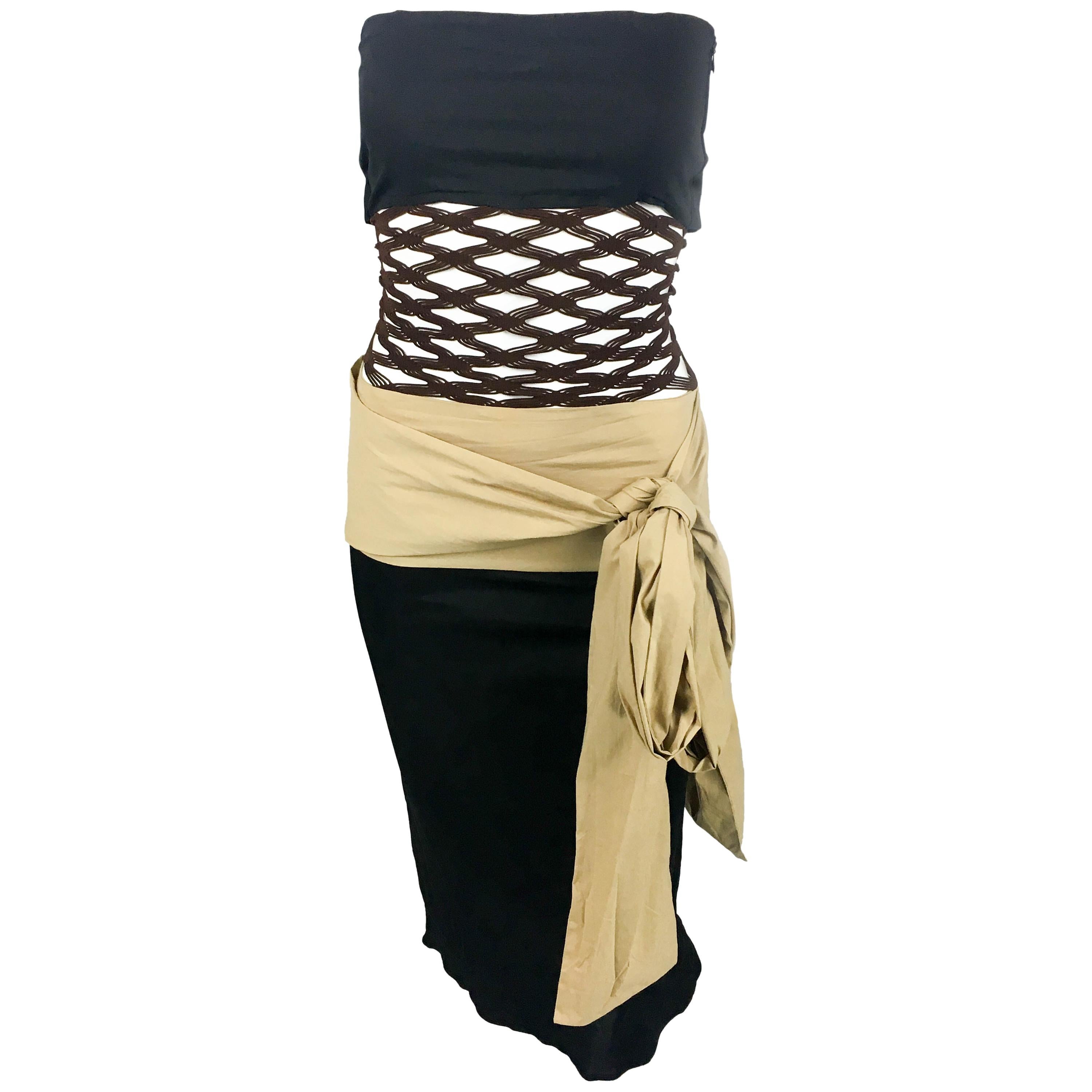 1990's Jean Paul Gaultier Black and Beige With Net Panel Dress For Sale