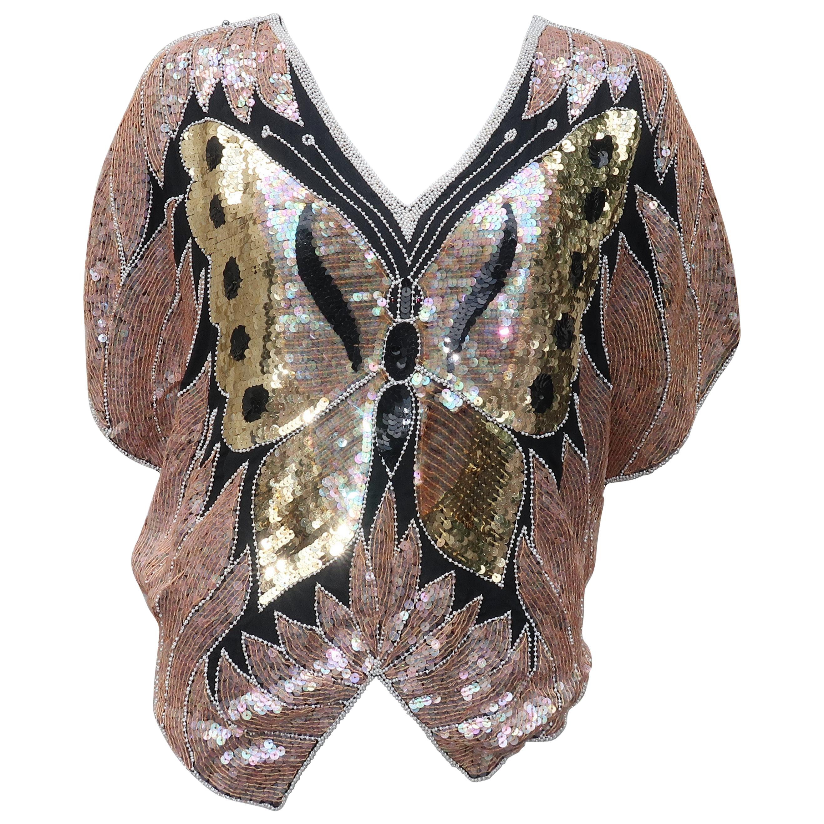 1970's Sequin Disco Black Silk Butterfly Top