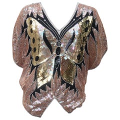 1970's Sequin Disco Black Silk Butterfly Top