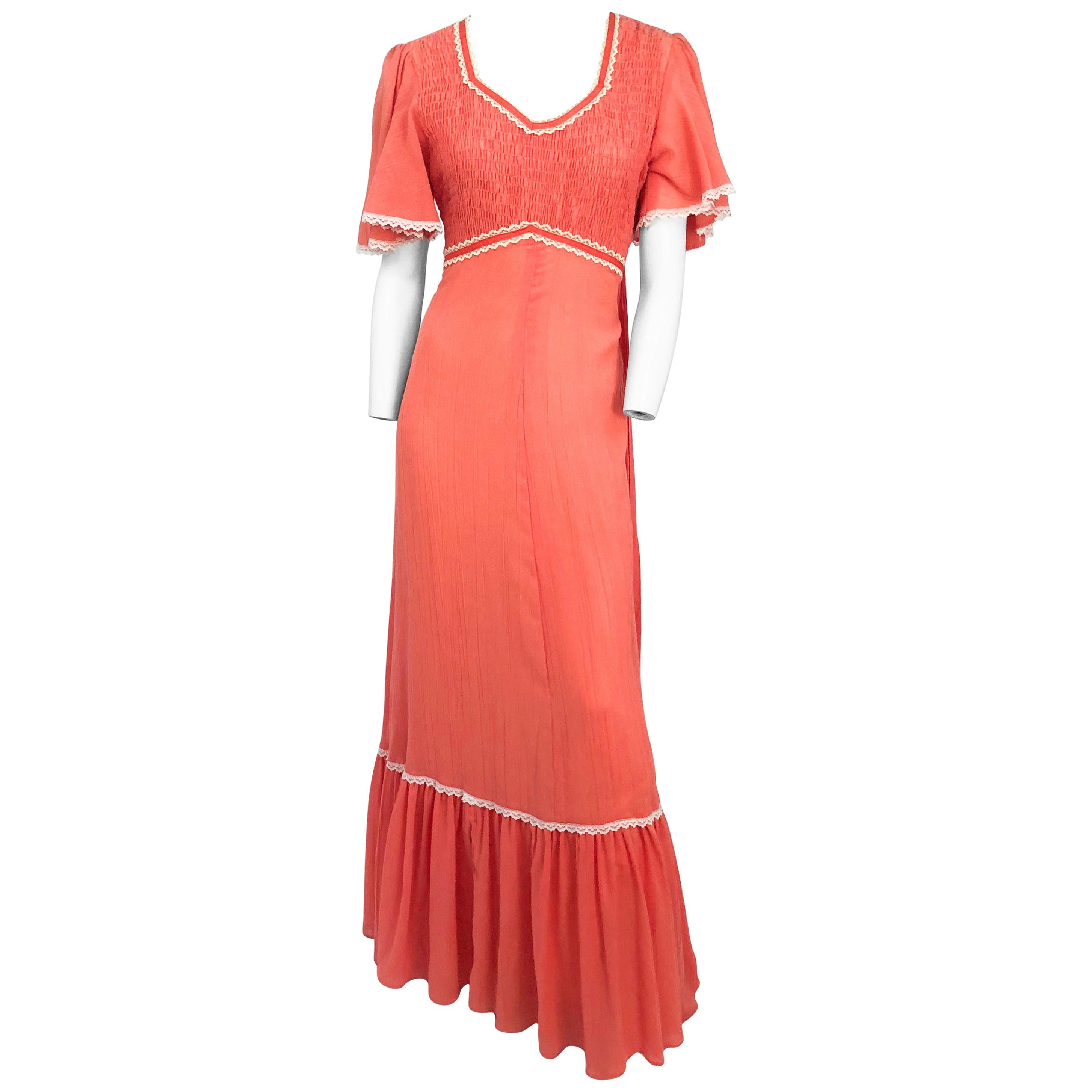 1970s Sherbet Orange Maxi Dress For Sale
