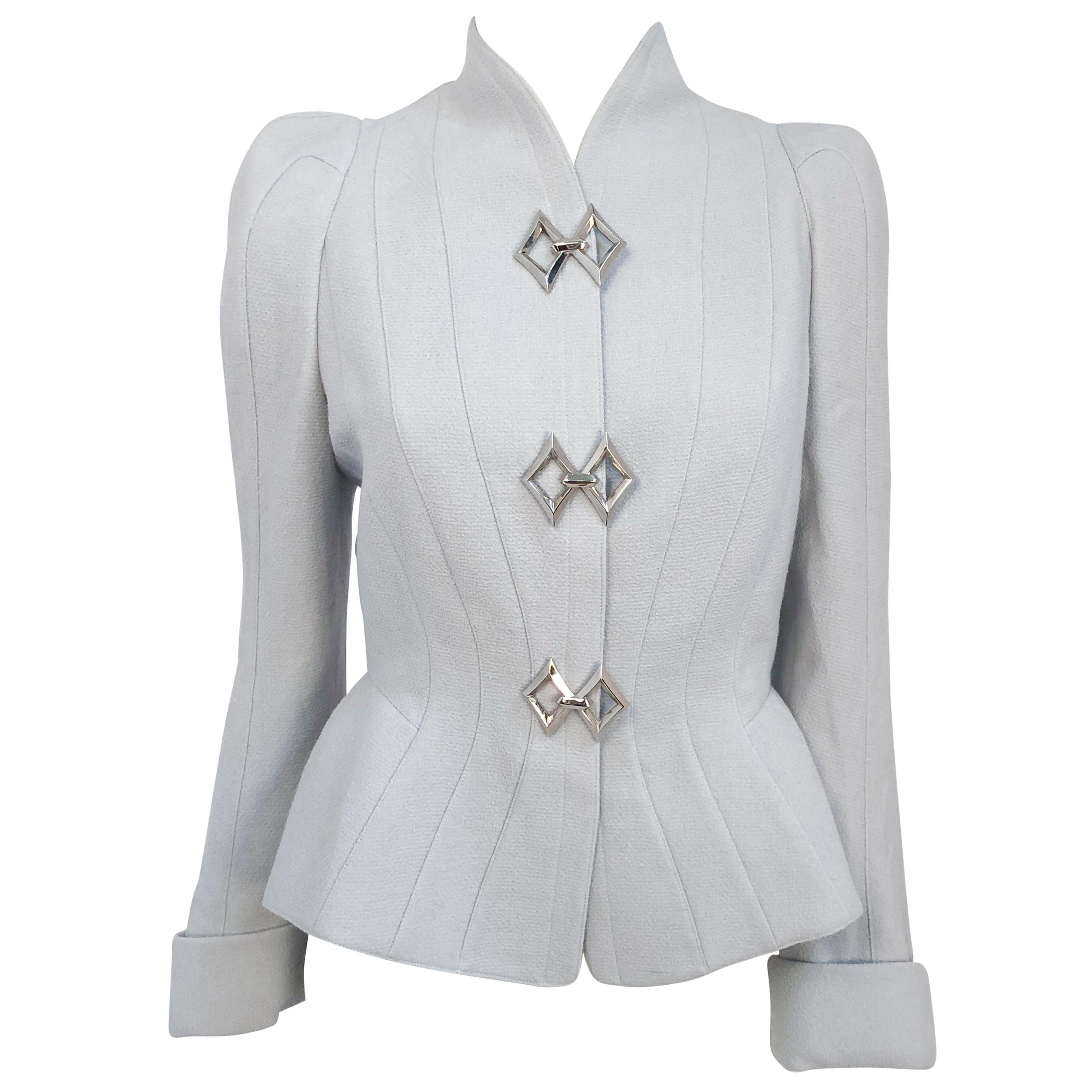 1980s Theirry Mugler Grey Paneled Jacket with Silver-toned Adornments