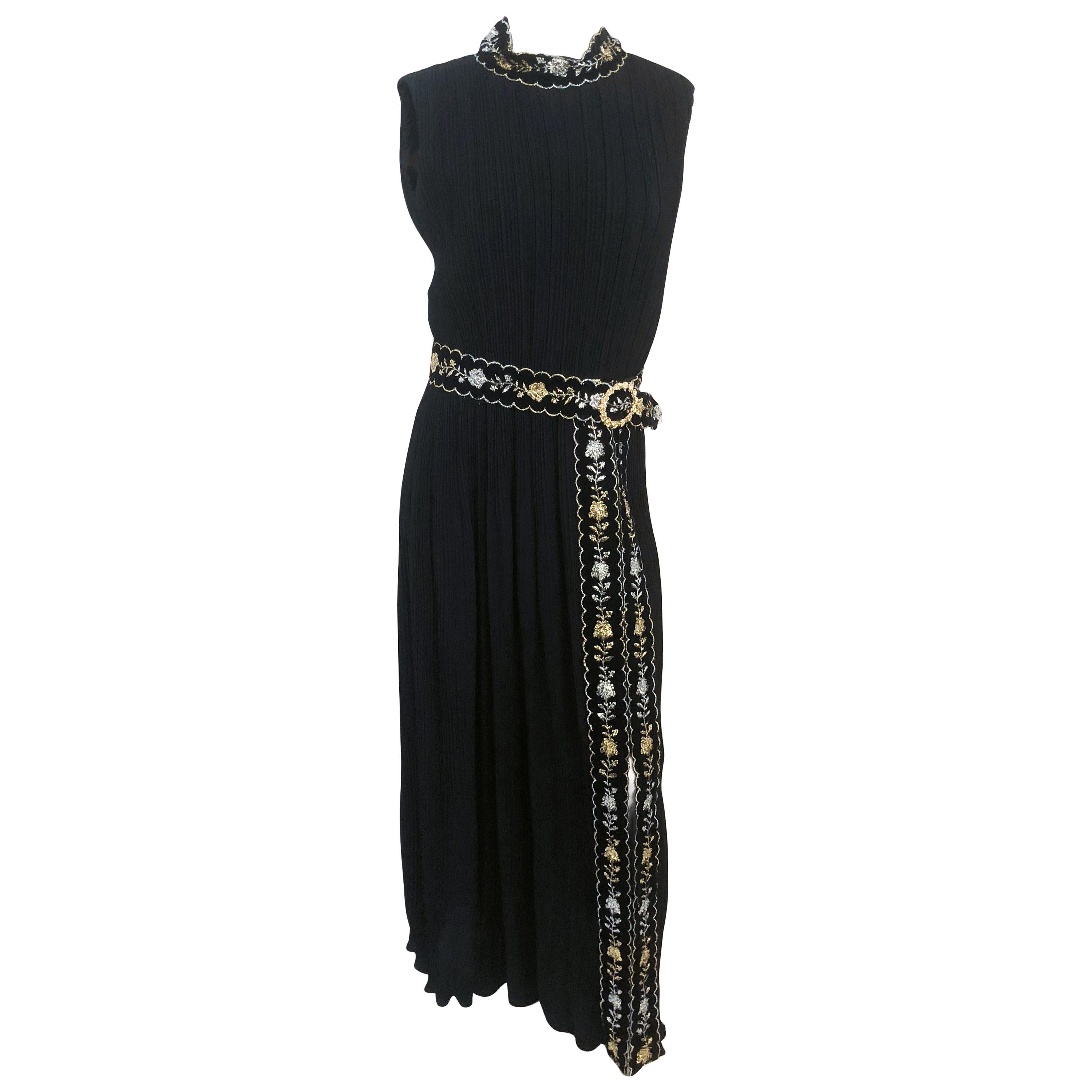 1960s Black Pleated Sleeveless Dress with Velvet and Metallic Details