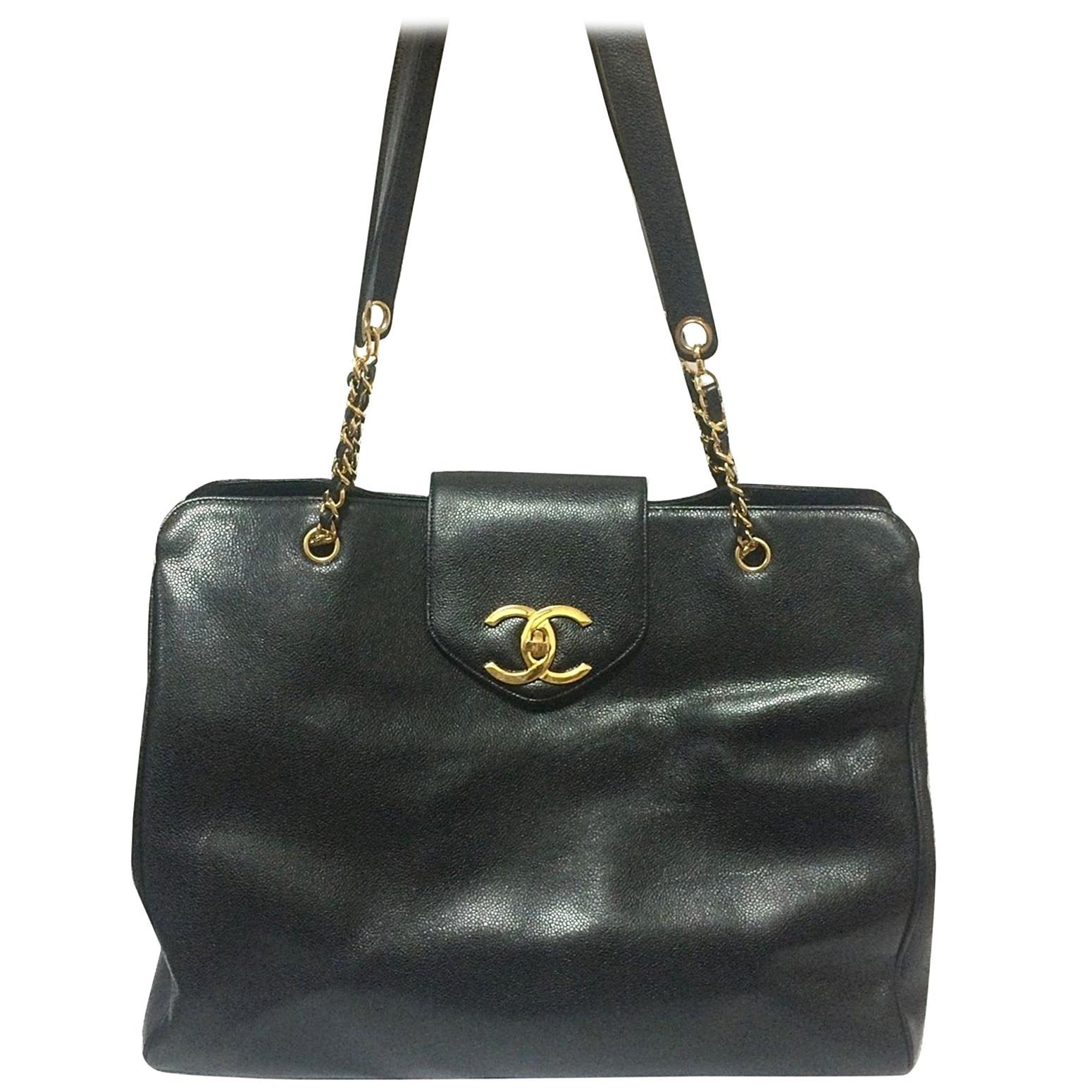 Vintage CHANEL black caviar leather Overnighter, Weekender bag, large chain bag.