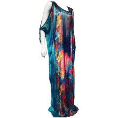 1970s Style Turquoise Silk Floral Print Chiffon Kaftan W/ Long Silk Dyed Fringe 