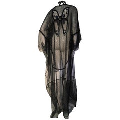 1970s Style Black Net / Beaded Net Bib Front and Butterfly Sheer Fabric Kaftan