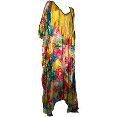 70s Style Tropical Silk Print Kaftan With Long Crochet Yellow Silk Fringe Trim