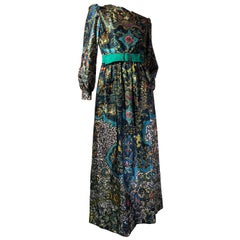 Retro 1970s Oscar de La Renta Bohemian Print Satin Maxi Dress