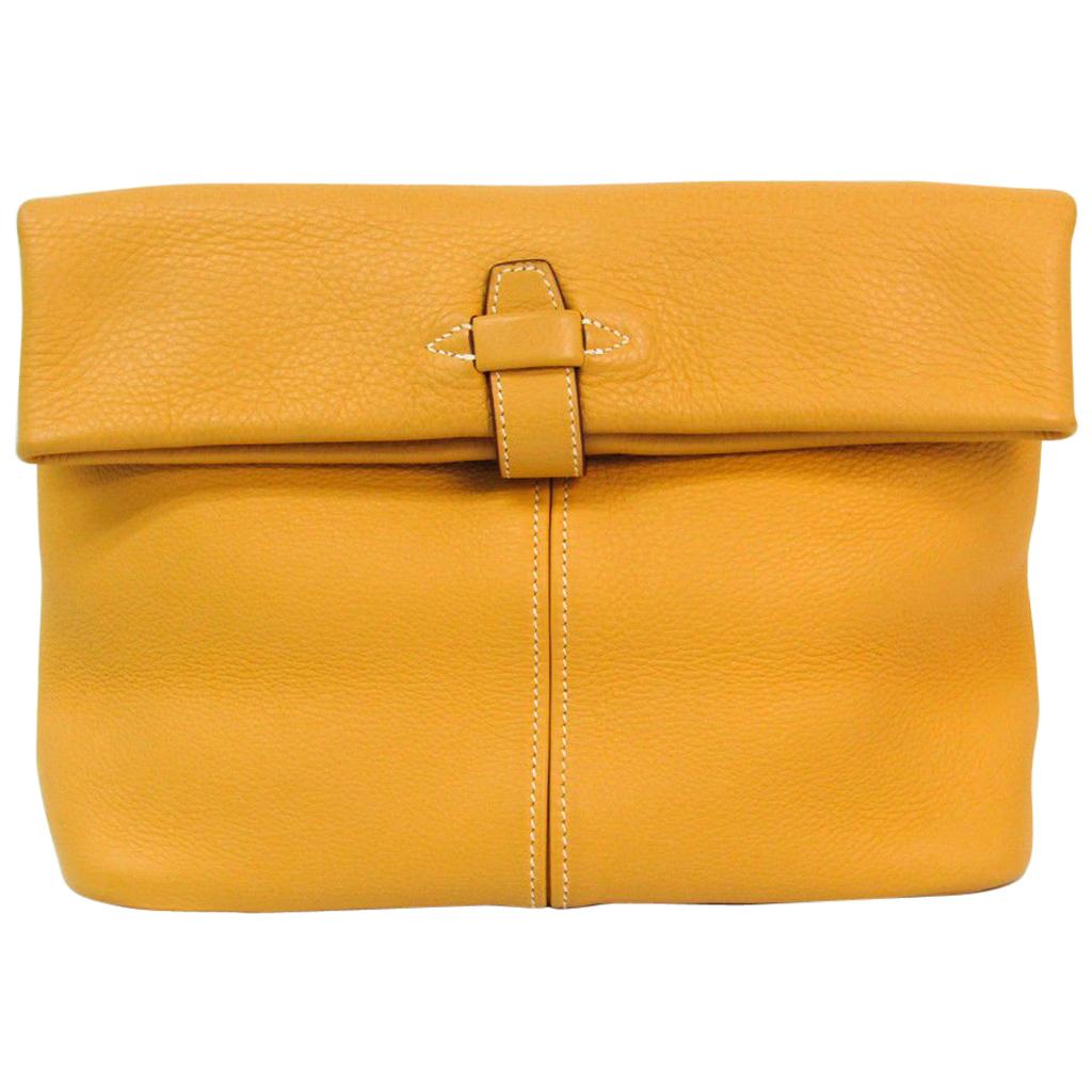 Hermes Mustard Yellow Leather Whipstitch Fold Over Flap Evening Lunch Clutch Bag