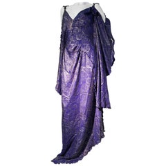 Fortuny Style Violet & Silver Lame Swirl Wrap Kaftan W/ Jeweled Shoulders