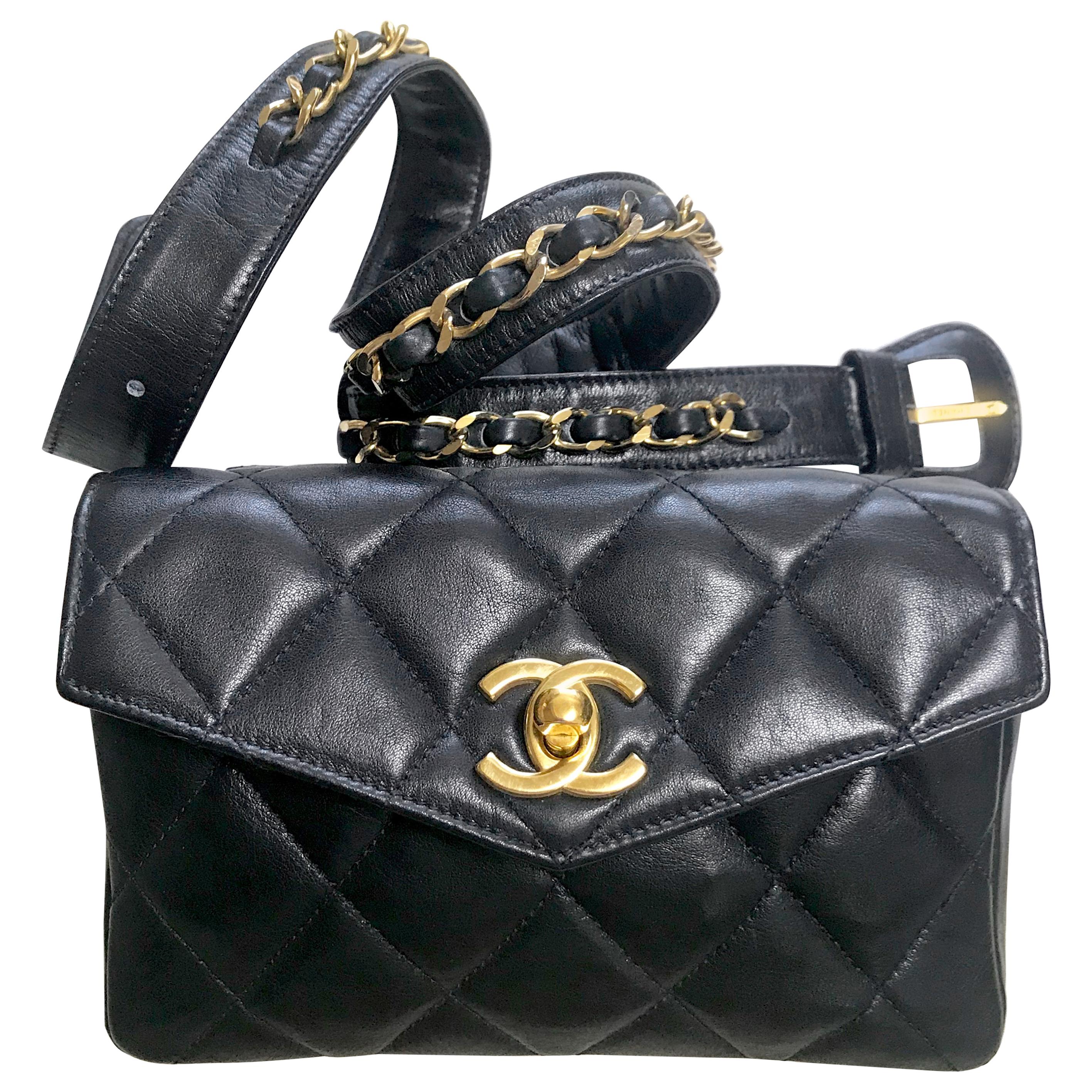 Chanel Vintage black lamb belt bag / fanny pack with golden chain belt and CC  For Sale