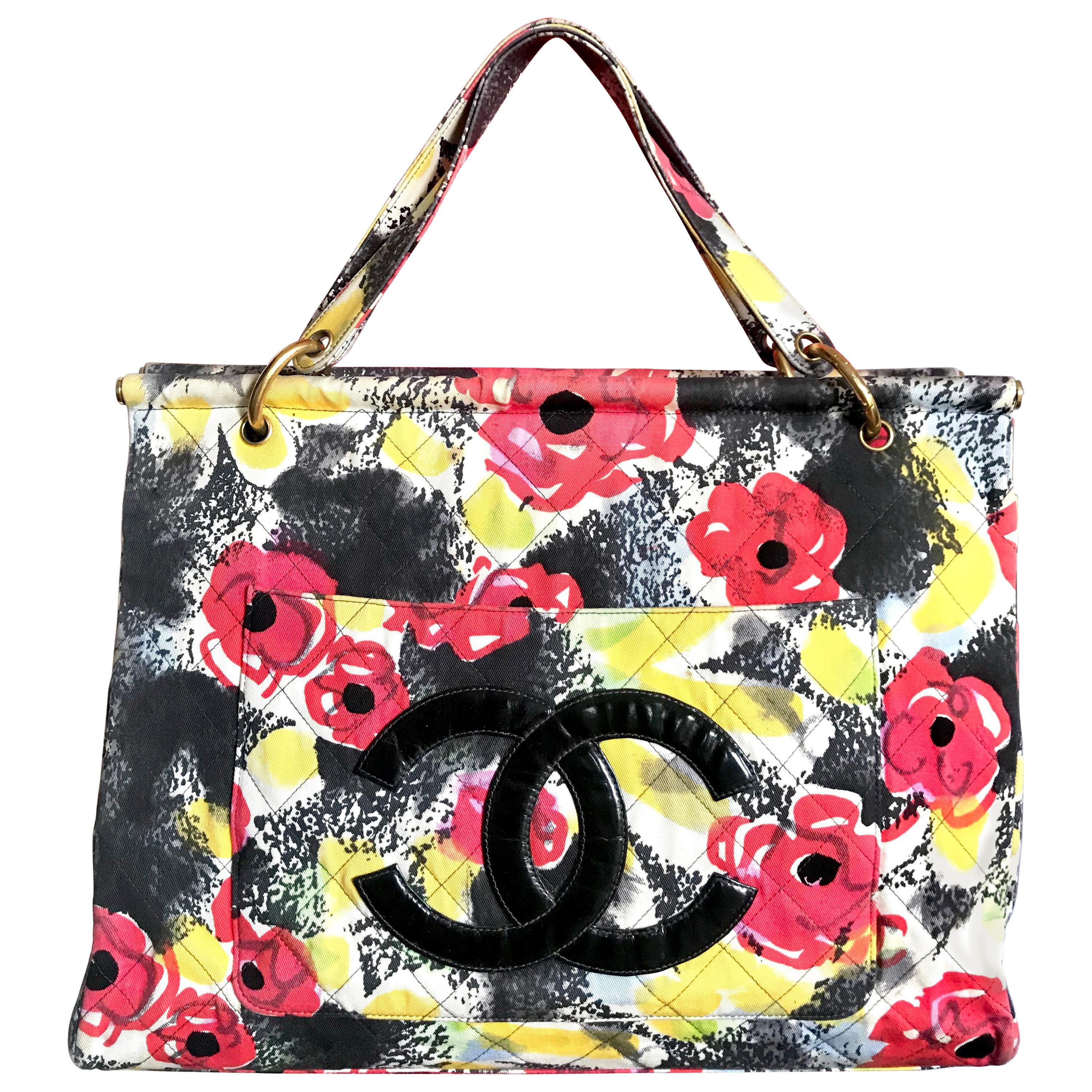 Vintage CHANEL red flower, yellow, and black water color print large tote bag. For Sale