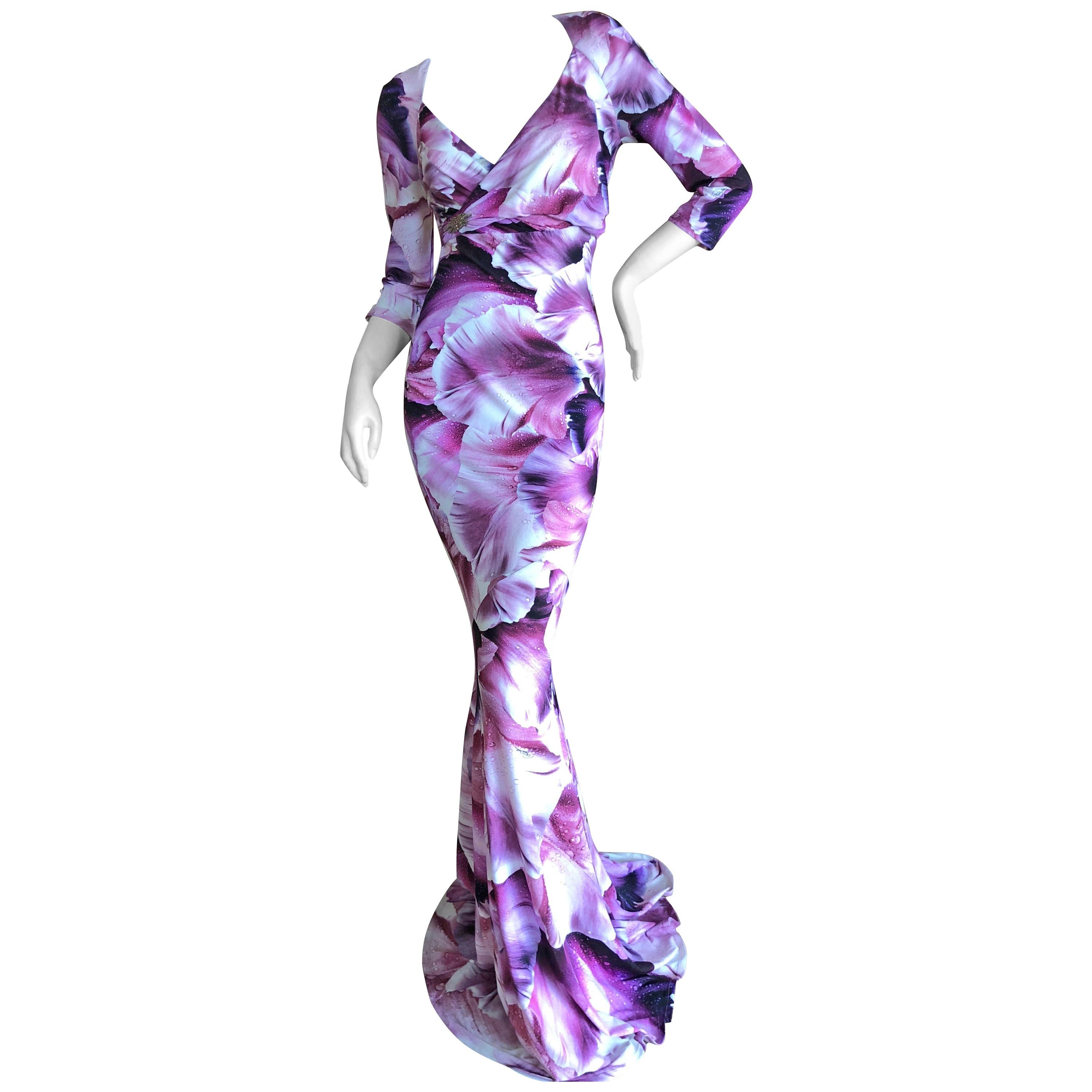 Roberto Cavalli Vintage Orchid Print Pink and Black  Evening Dress  For Sale