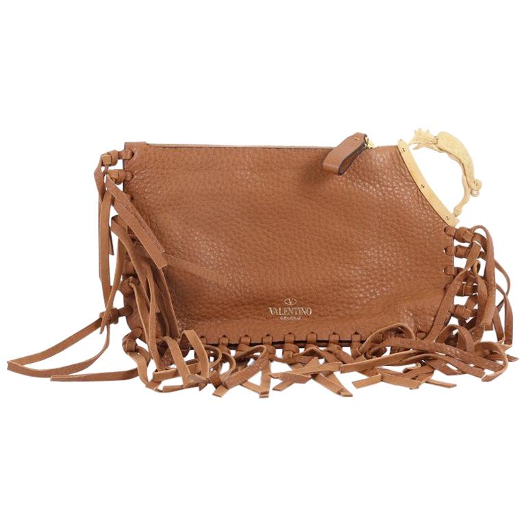 Valentino C-Rockee Handle Fringe Clutch Leather Small